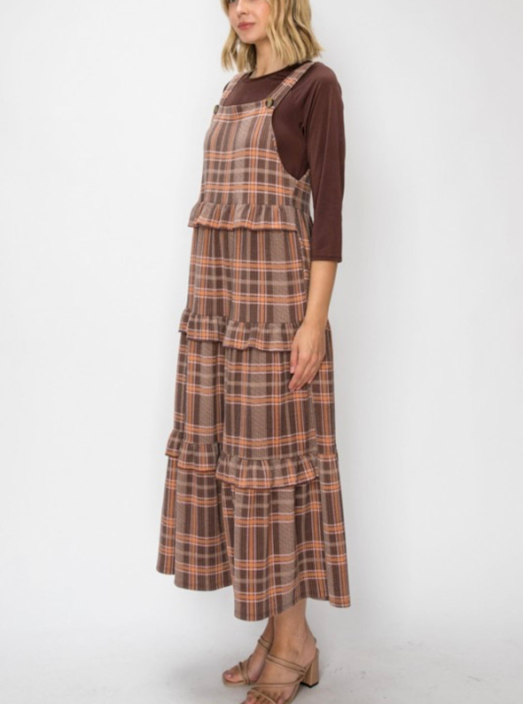 Liza Lou’s Brown Plaid Ruffled Modest Jumper Dress