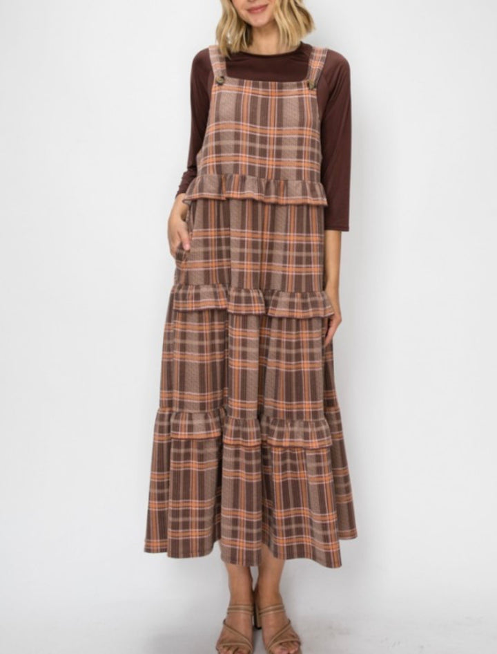 Liza Lou’s Brown Plaid Ruffled Modest Jumper Dress