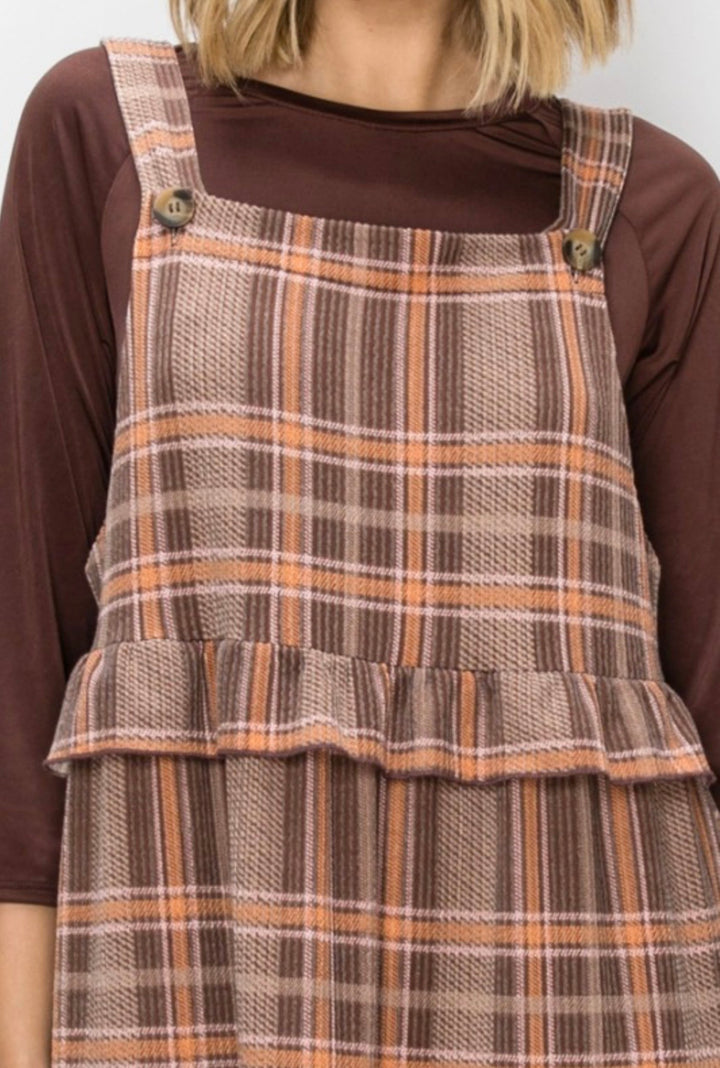 Liza Lou’s Brown Plaid Ruffled Modest Jumper Dress