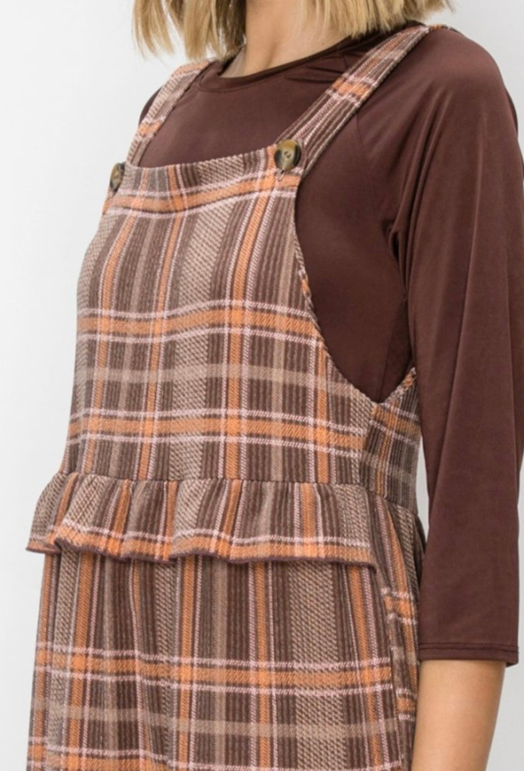 Liza Lou’s Brown Plaid Ruffled Modest Jumper Dress