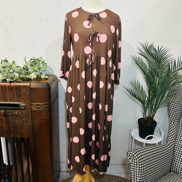 Liza Lou’s Georgette Brown w/ Pink Polka Dots Long Modest Dress