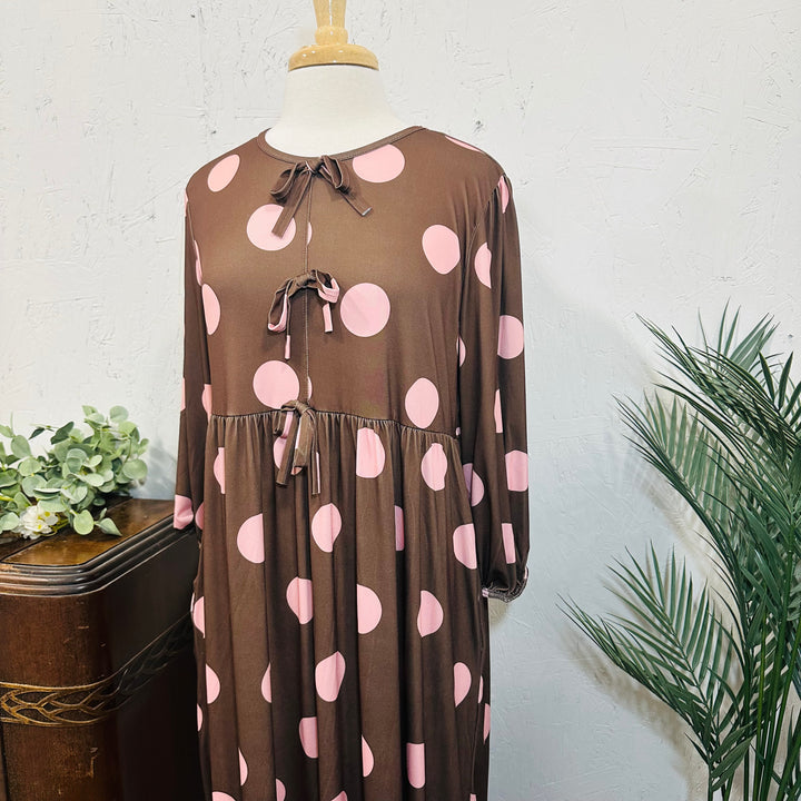 Liza Lou’s Georgette Brown w/ Pink Polka Dots Long Modest Dress