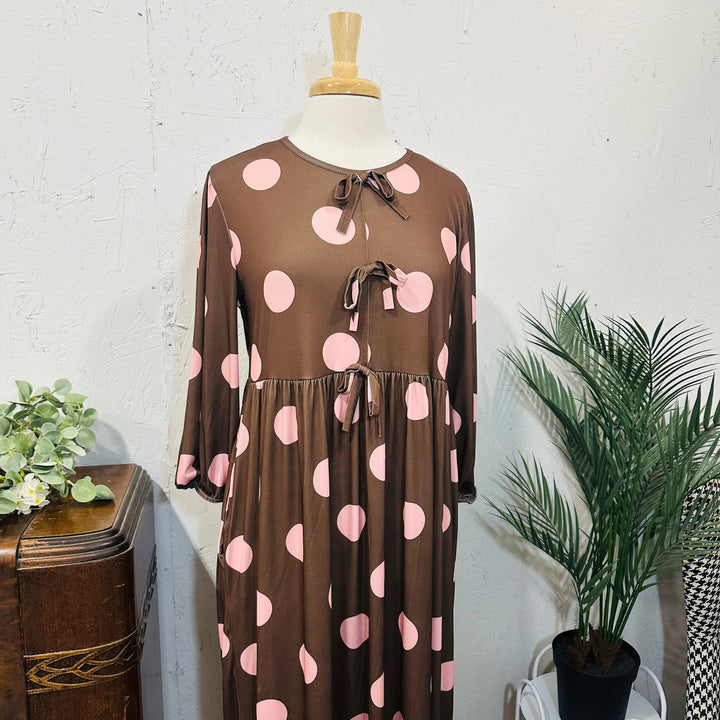 Liza Lou’s Georgette Brown w/ Pink Polka Dots Long Modest Dress