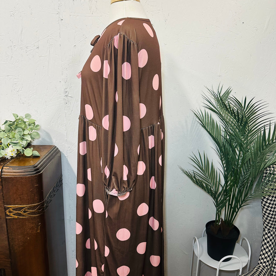 Liza Lou’s Georgette Brown w/ Pink Polka Dots Long Modest Dress