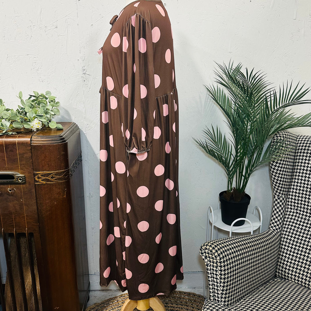 Liza Lou’s Georgette Brown w/ Pink Polka Dots Long Modest Dress