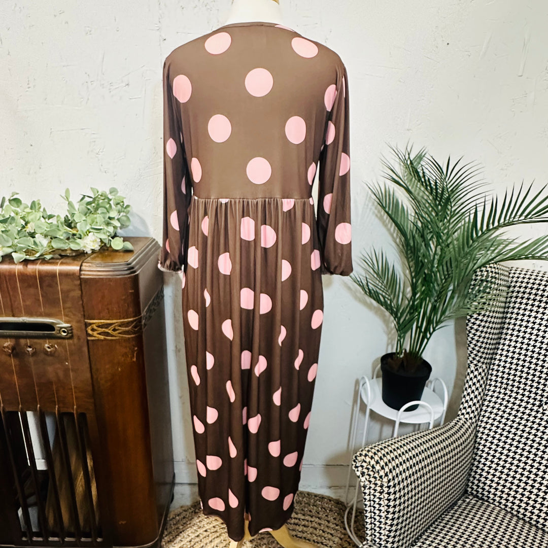 Liza Lou’s Georgette Brown w/ Pink Polka Dots Long Modest Dress