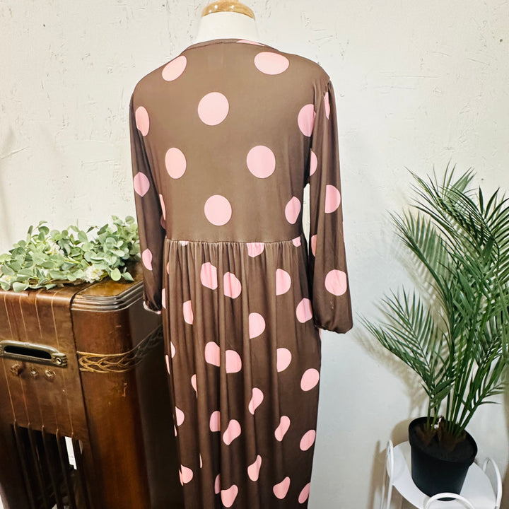 Liza Lou’s Georgette Brown w/ Pink Polka Dots Long Modest Dress