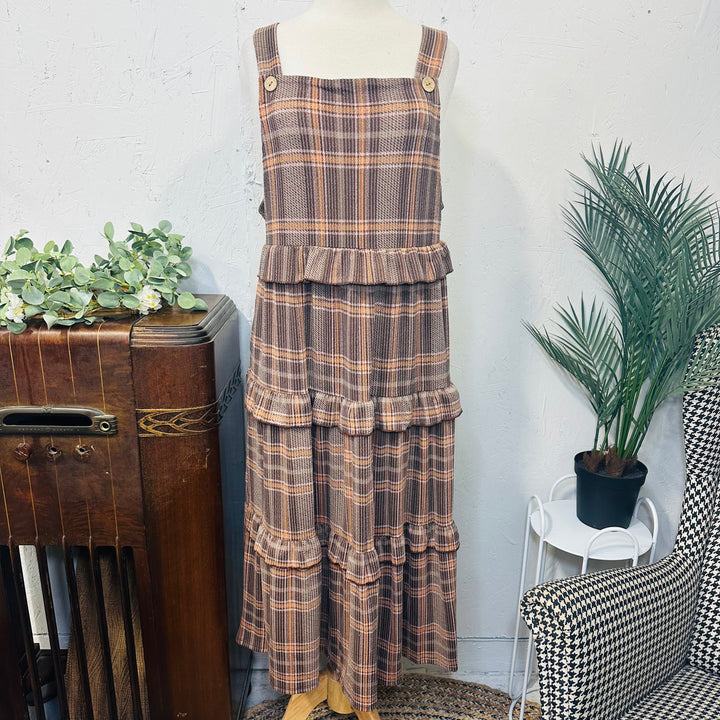 Liza Lou’s Brown Plaid Ruffled Modest Jumper Dress