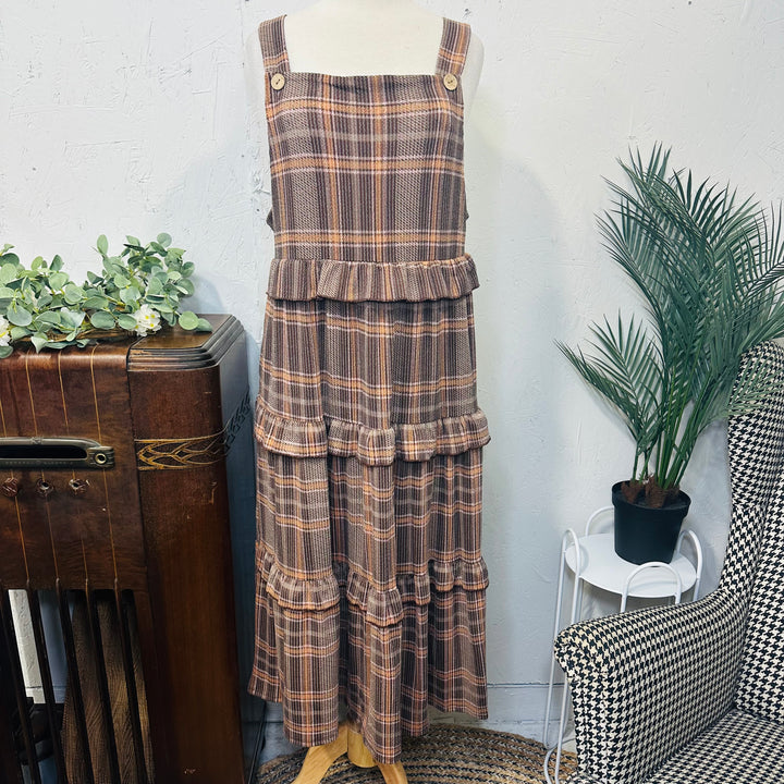 Liza Lou’s Brown Plaid Ruffled Modest Jumper Dress