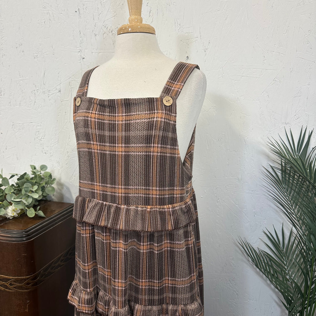 Liza Lou’s Brown Plaid Ruffled Modest Jumper Dress