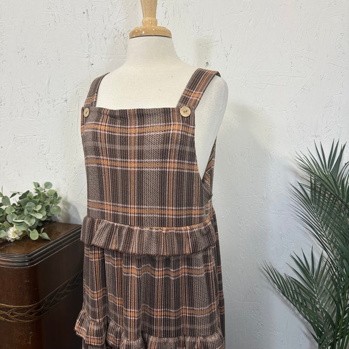 Liza Lou’s Brown Plaid Ruffled Modest Jumper Dress