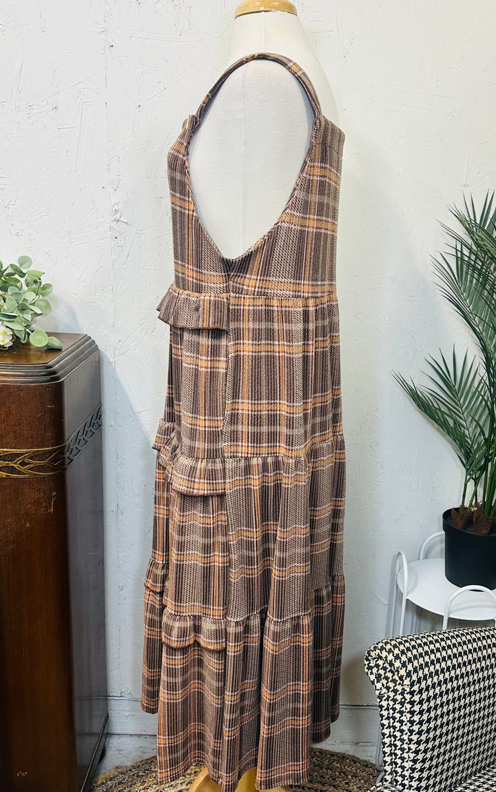 Liza Lou’s Brown Plaid Ruffled Modest Jumper Dress