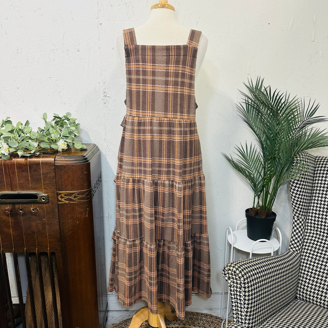 Liza Lou’s Brown Plaid Ruffled Modest Jumper Dress