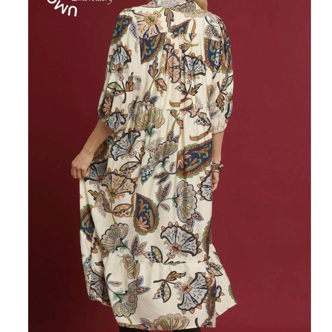 Liza Lou's Suzette Cream with Colorful Paisley Design Modest Dress
