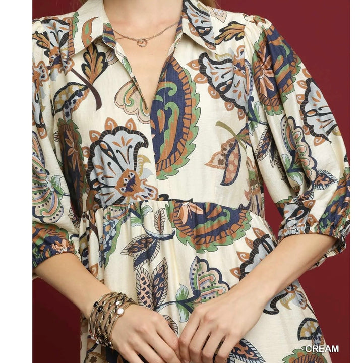 Liza Lou's Suzette Cream with Colorful Paisley Design Modest Dress