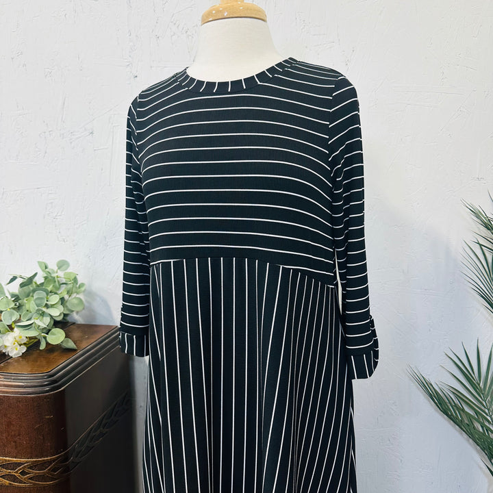 Liza's Comfortable Long Modest Black White Striped Dress