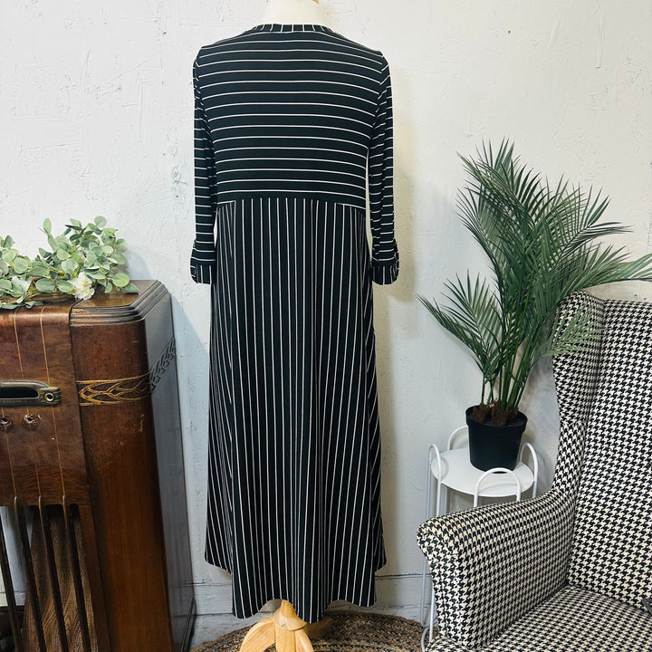 Liza's Comfortable Long Modest Black White Striped Dress