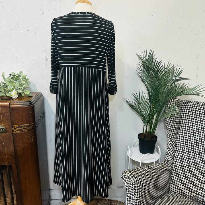 Liza's Comfortable Long Modest Black White Striped Dress