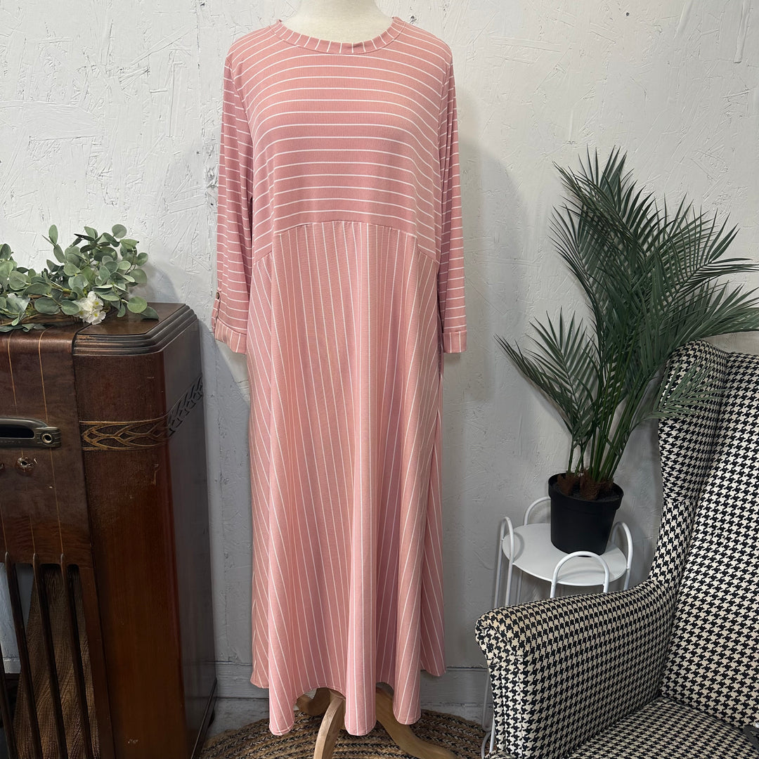 Liza's Comfortable Long Modest Pink White Striped Dress
