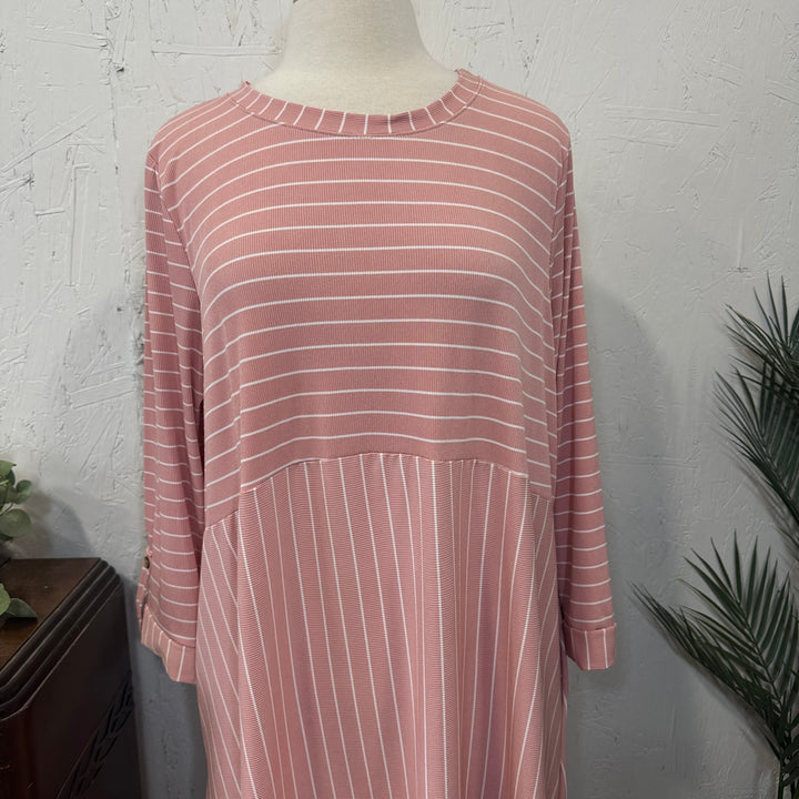 Liza's Comfortable Long Modest Pink White Striped Dress