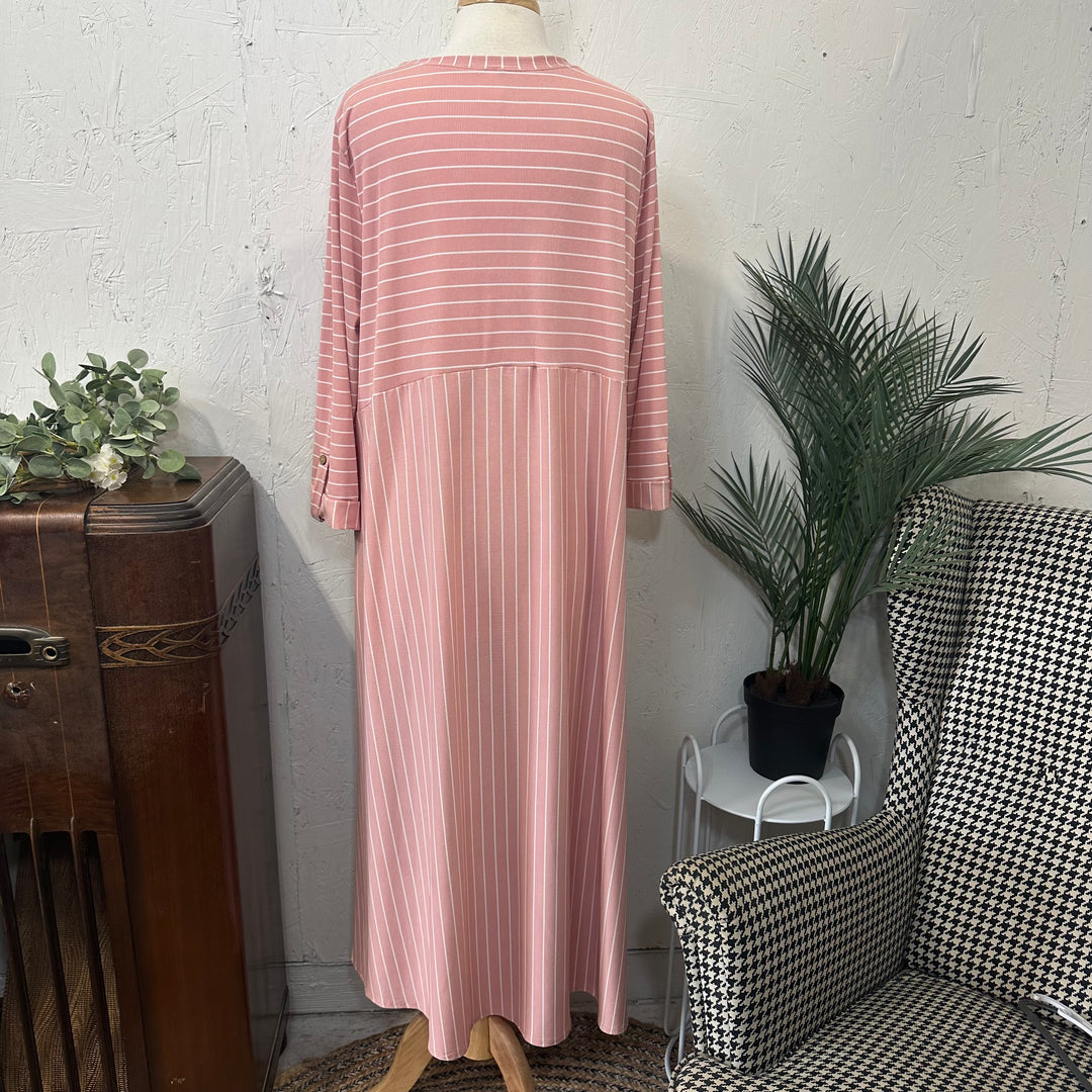 Liza's Comfortable Long Modest Pink White Striped Dress