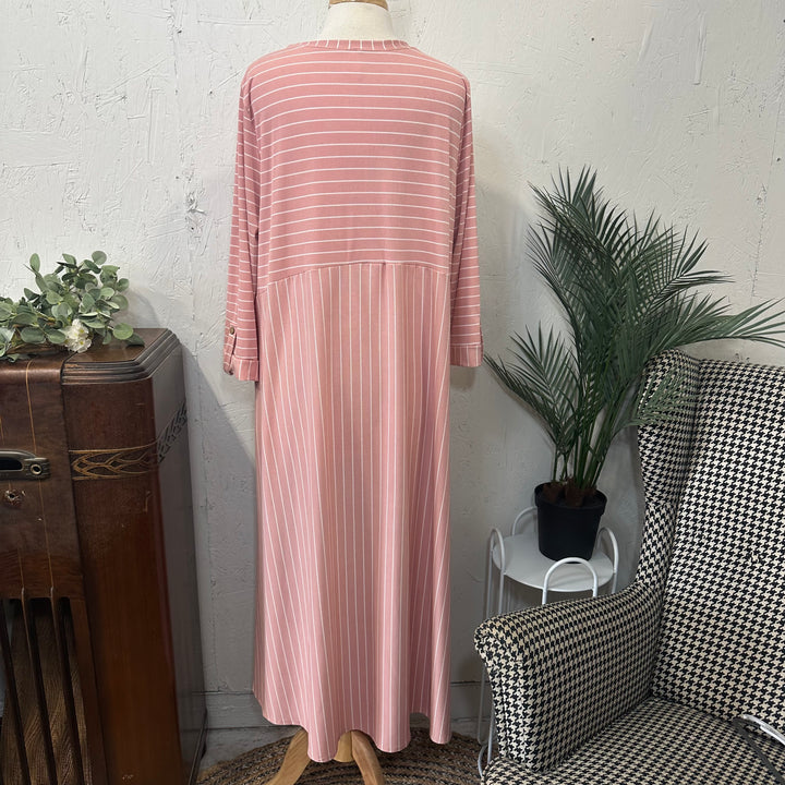 Liza's Comfortable Long Modest Pink White Striped Dress