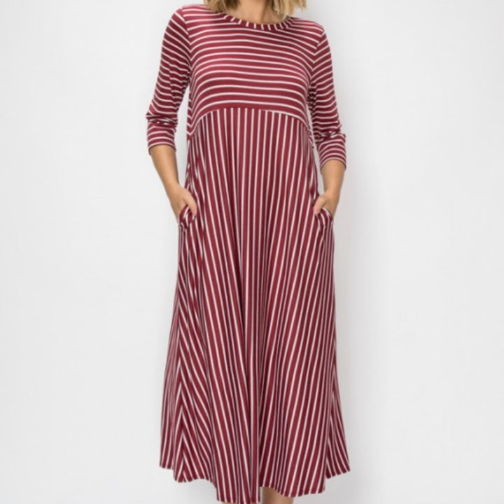 Liza's Comfortable Day Long Modest Burgundy Striped Dress