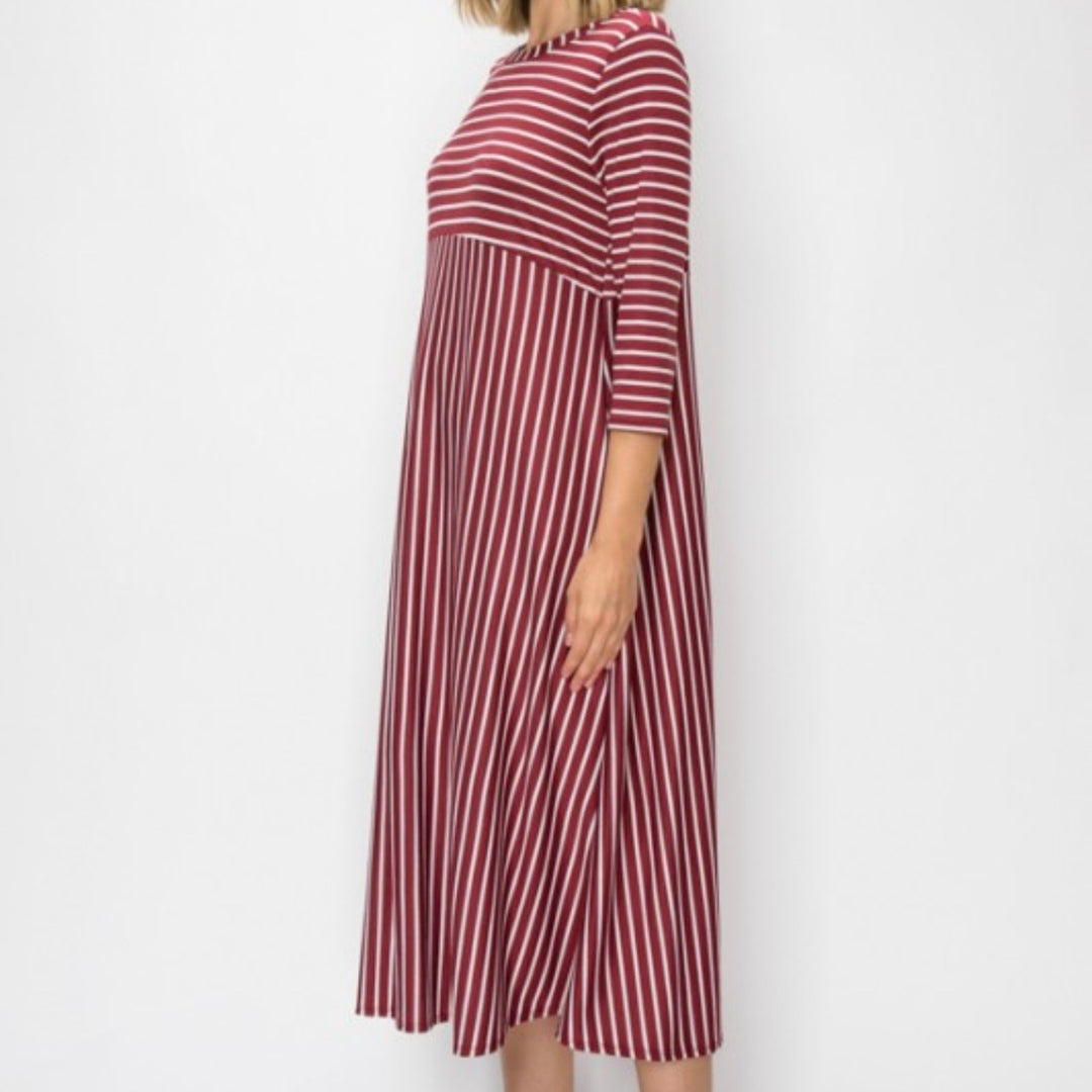 Liza's Comfortable Day Long Modest Burgundy Striped Dress