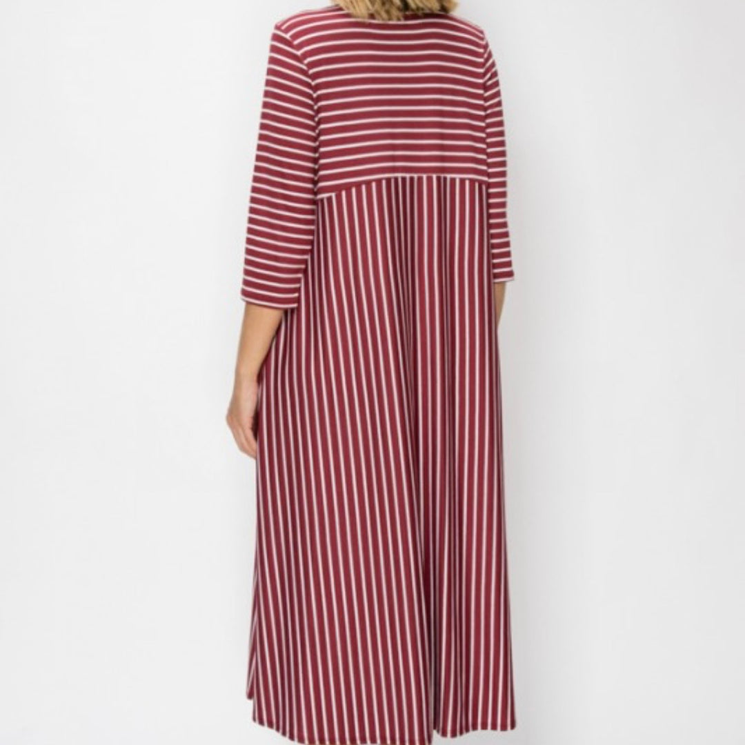 Liza's Comfortable Day Long Modest Burgundy Striped Dress