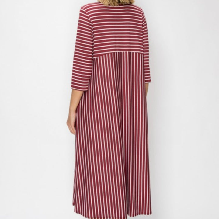 Liza's Comfortable Day Long Modest Burgundy Striped Dress