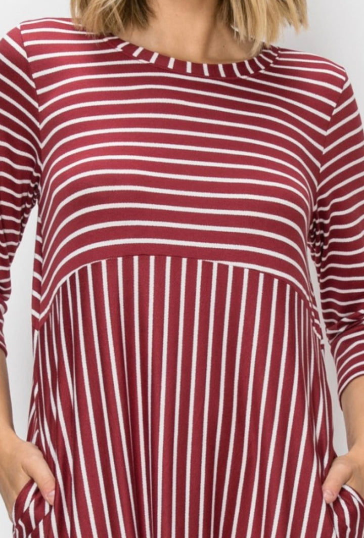 Liza's Comfortable Day Long Modest Burgundy Striped Dress