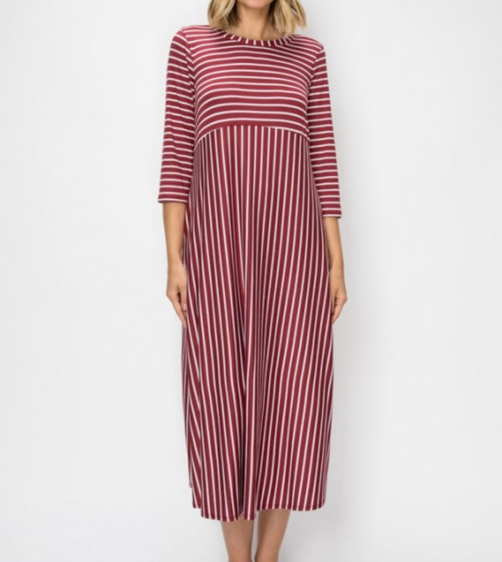 Liza's Comfortable Day Long Modest Burgundy Striped Dress