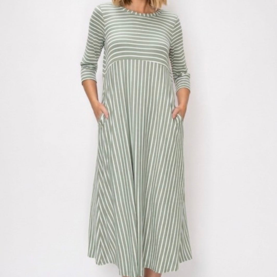 Liza's Comfortable Day Long Modest Green Striped Dress