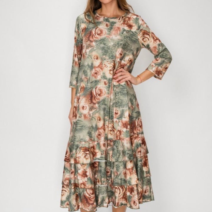 Lovely Green & Rose Fall Dress with Bottom Ruffle