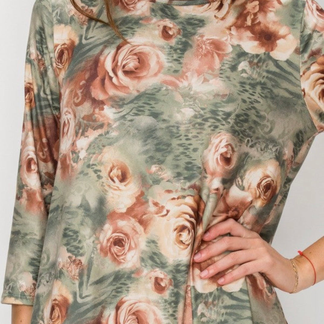 Lovely Green & Rose Fall Dress with Bottom Ruffle