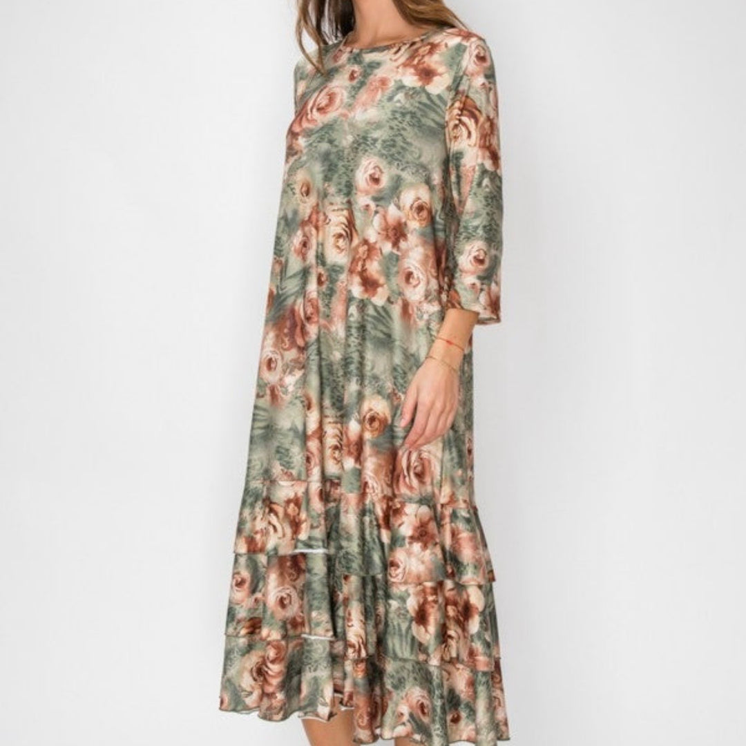 Lovely Green & Rose Fall Dress with Bottom Ruffle