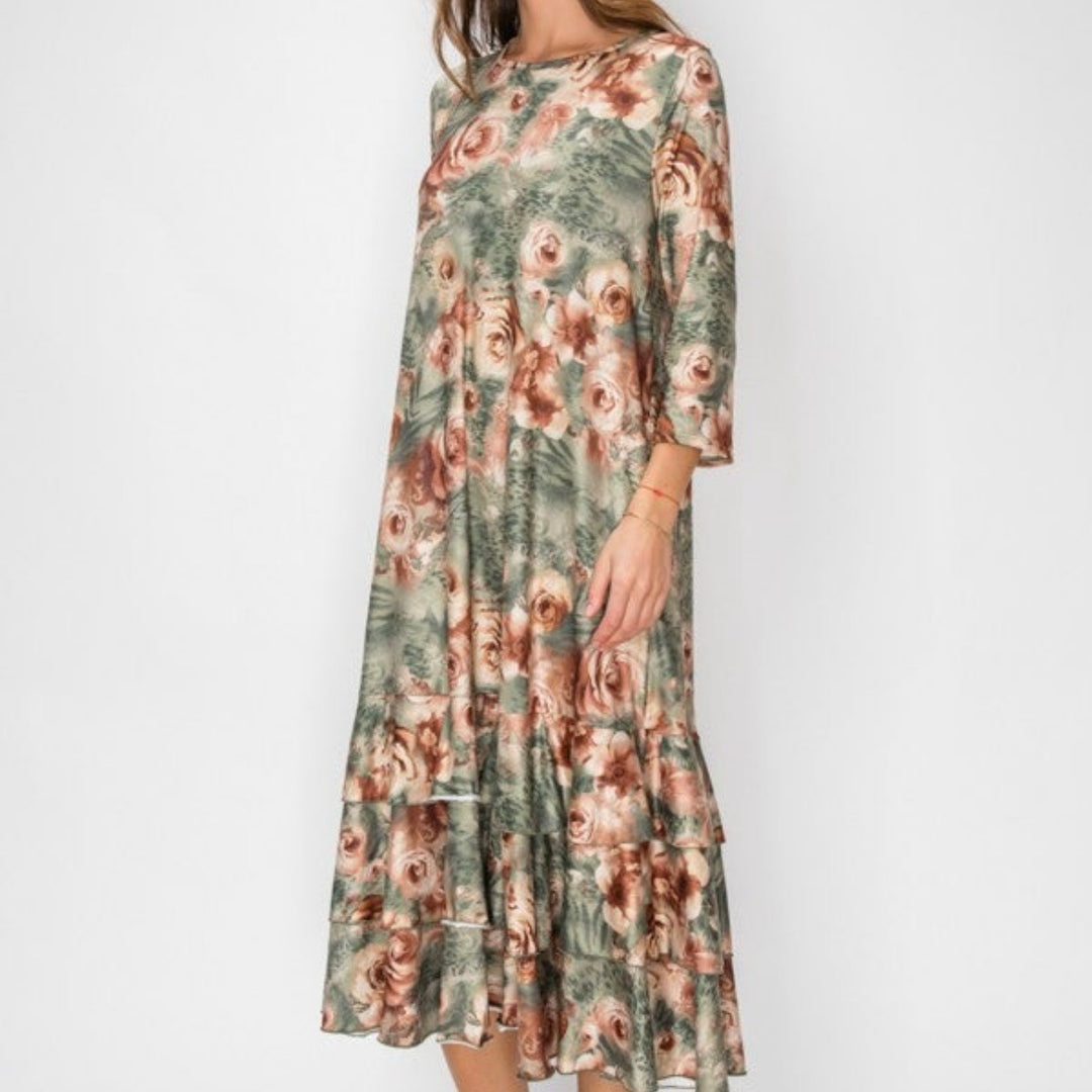 Lovely Green & Rose Fall Dress with Bottom Ruffle