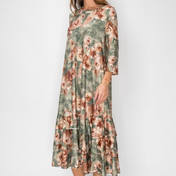 Lovely Green & Rose Fall Dress with Bottom Ruffle