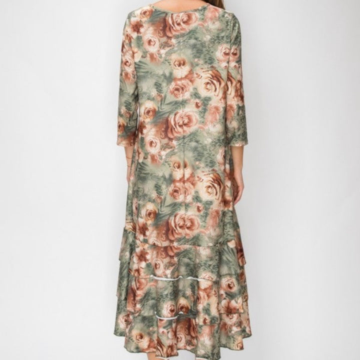 Lovely Green & Rose Fall Dress with Bottom Ruffle