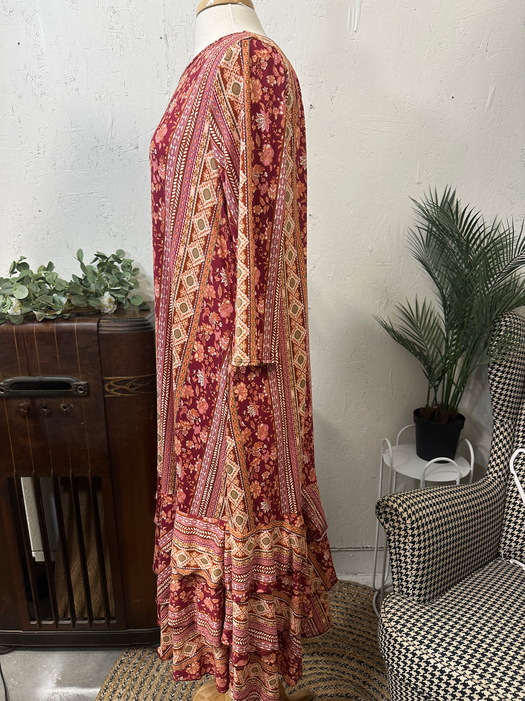Lovely Burgundy Fall Dress with Bottom Ruffle