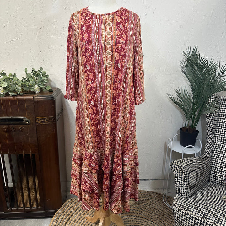 Lovely Burgundy Fall Dress with Bottom Ruffle