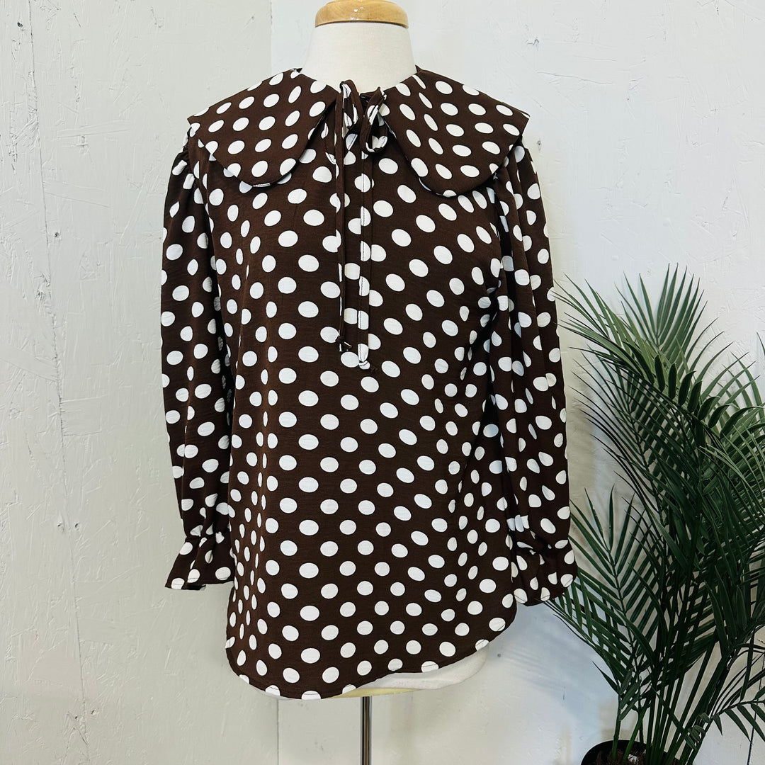 Betty Lou Brown & White Polka Dot Top w/ Peter Pan Collar