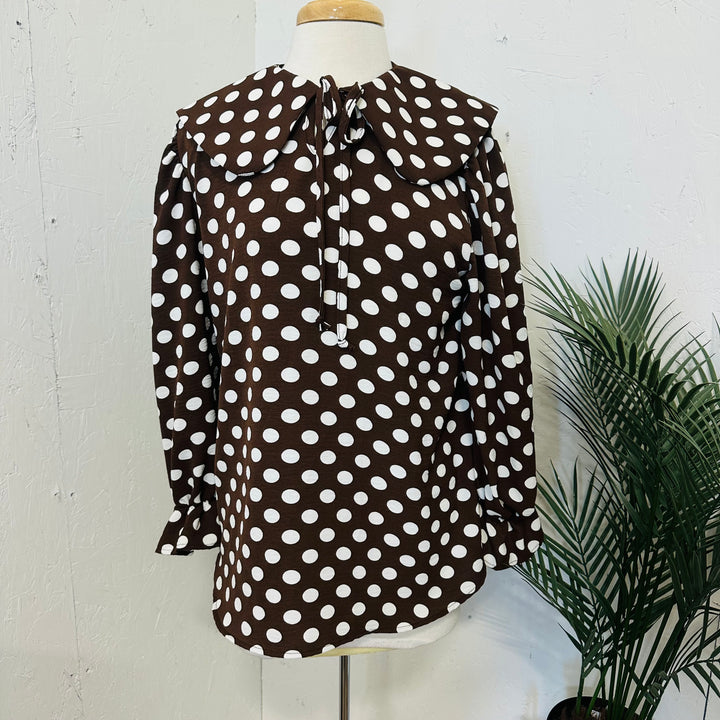 Betty Lou Brown & White Polka Dot Top w/ Peter Pan Collar