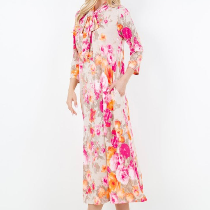 Lady Pink & Yellow Floral Long Modest Dress w/ tie