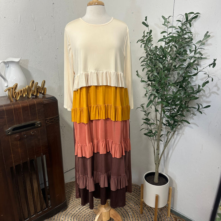 Liza Lou's Mustard Browns & Cream Tiered Colorful Dress