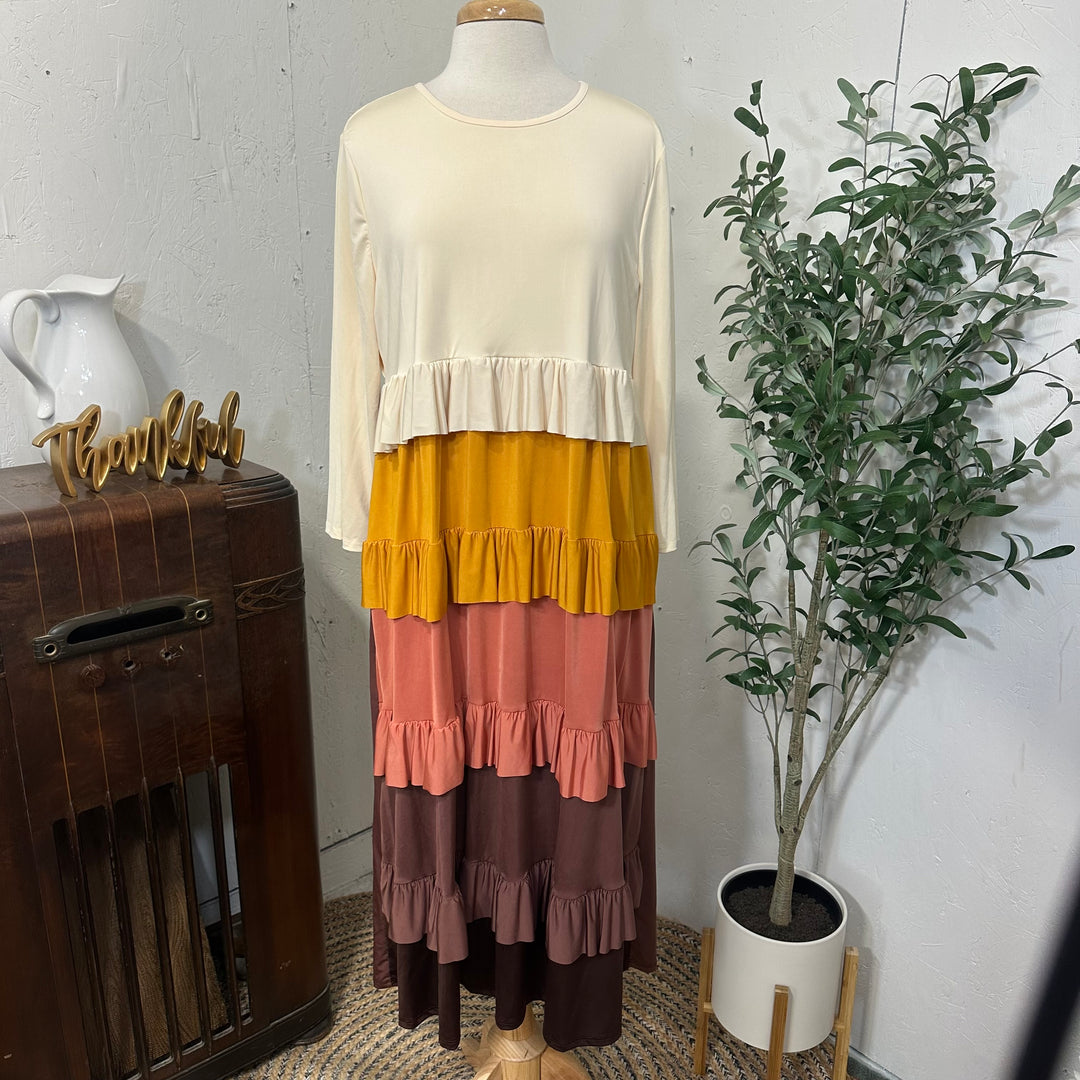 Liza Lou's Mustard Browns & Cream Tiered Colorful Dress