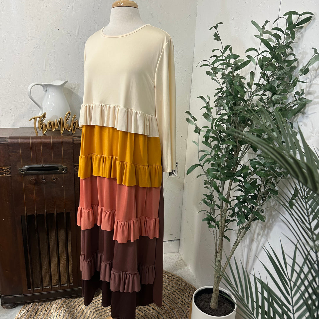 Liza Lou's Mustard Browns & Cream Tiered Colorful Dress