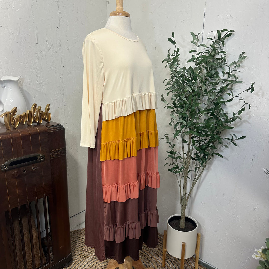 Liza Lou's Mustard Browns & Cream Tiered Colorful Dress