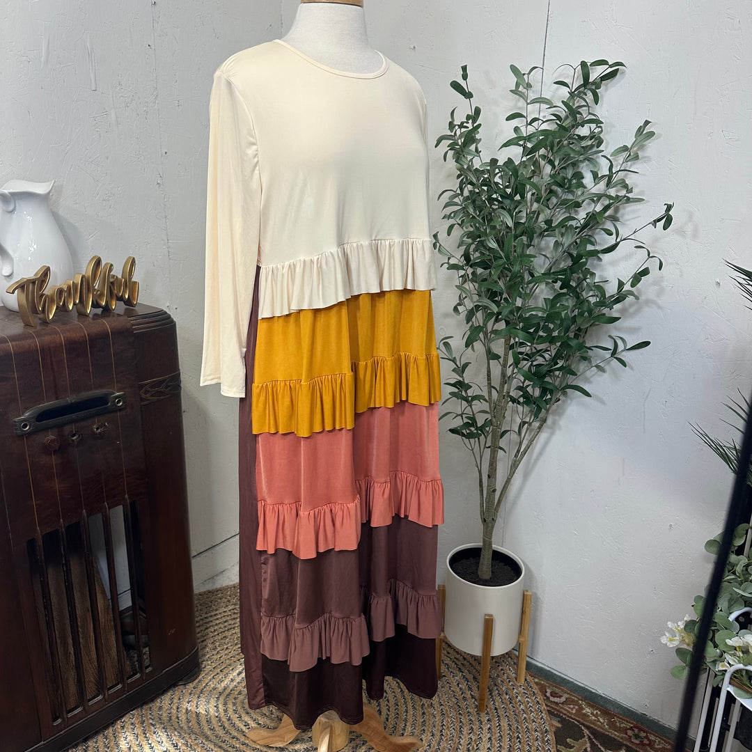 Liza Lou's Mustard Browns & Cream Tiered Colorful Dress