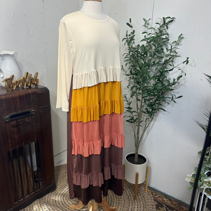 Liza Lou's Mustard Browns & Cream Tiered Colorful Dress